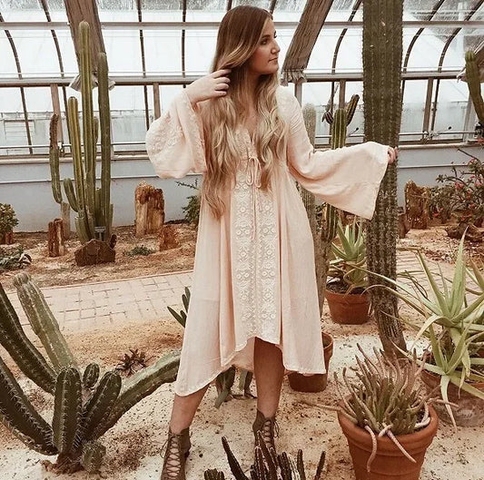 FashionSierra-Long Sleeve  Women  Tunic  Vintage  Floral Embroidered  Cotton  Long  Casual  Hippie  Asymmetric Robe Boho Dress