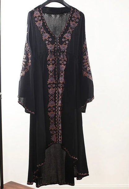 FashionSierra-Long Sleeve  Women  Tunic  Vintage  Floral Embroidered  Cotton  Long  Casual  Hippie  Asymmetric Robe Boho Dress