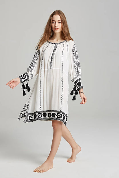 FashionSierra-Long Sleeve Mini  Tunic  Khaki  Ethnic  Floral Embroidery  Vintage  Loose  Cover Up  Robe Boho Dress