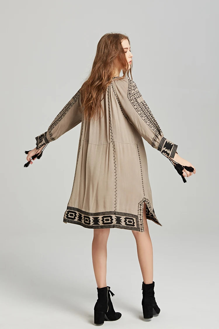 FashionSierra-Long Sleeve Mini  Tunic  Khaki  Ethnic  Floral Embroidery  Vintage  Loose  Cover Up  Robe Boho Dress