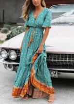 FashionSierra-Maxi for Women Rayon Blue Floral Print Sexy Deep V-Neck Summer Loose Hippie Long Vestidos Boho Dress