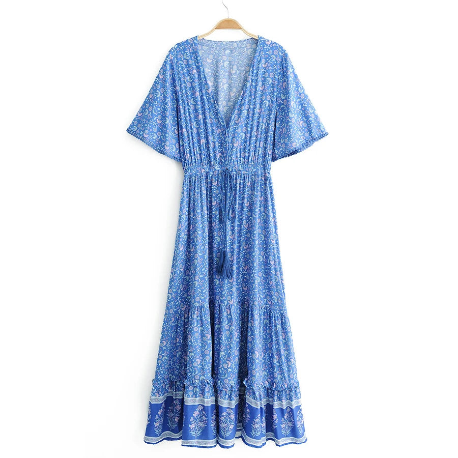 FashionSierra-Maxi for Women Rayon Blue Floral Print Sexy Deep V-Neck Summer Loose Hippie Long Vestidos Boho Dress