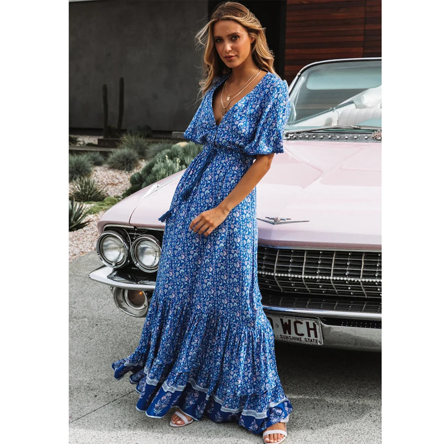 FashionSierra-Maxi for Women Rayon Blue Floral Print Sexy Deep V-Neck Summer Loose Hippie Long Vestidos Boho Dress