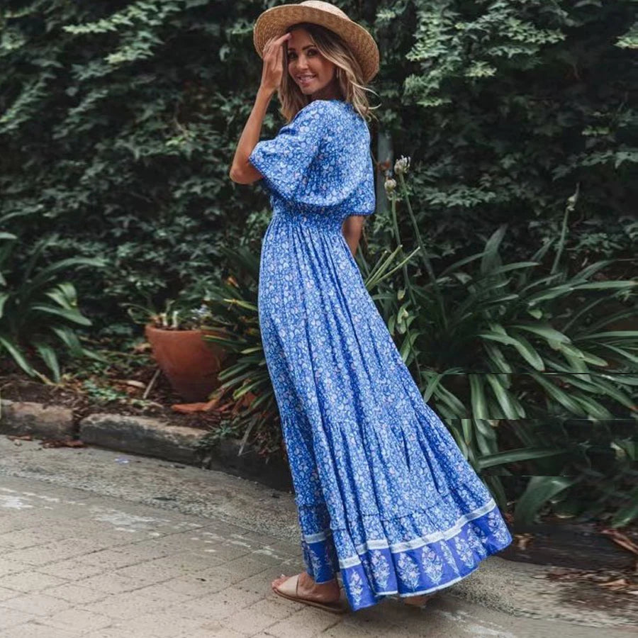 FashionSierra-Maxi for Women Rayon Blue Floral Print Sexy Deep V-Neck Summer Loose Hippie Long Vestidos Boho Dress