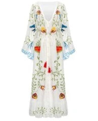 FashionSierra-Maxi  2024  Vintage  White Cotton  Floral Embroidery  Sexy  V-neck  Brand Boho Dress