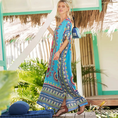 FashionSierra-Maxi Kaftan  Rayon  Ethnic Floral Print  Beach  Sun  Side Slit  Summer  Loose  Women  Vestido Boho Dress