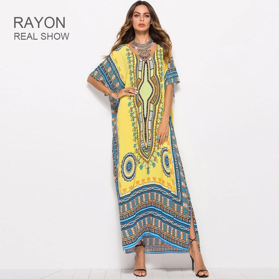 FashionSierra-Maxi Kaftan  Rayon  Ethnic Floral Print  Beach  Sun  Side Slit  Summer  Loose  Women  Vestido Boho Dress