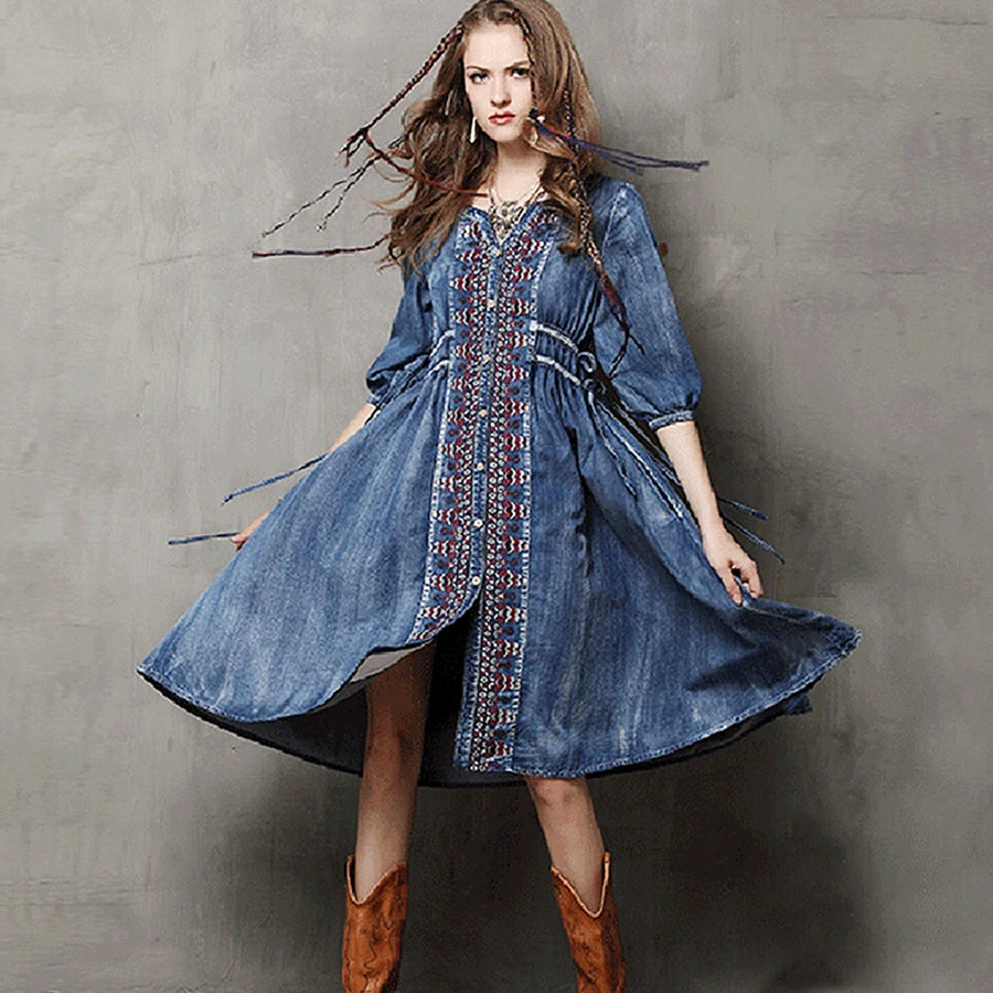 FashionSierra-Midi Denim  Women  Blue Cotton  Ethnic Embroidery  Drawstring Waist  Gypsy  Vestidos Boho Dress