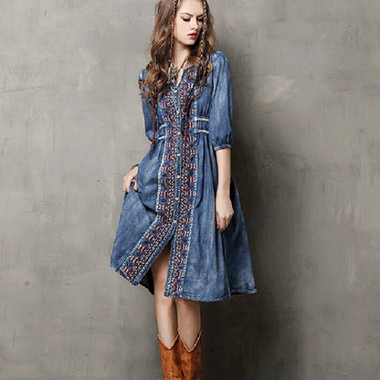 FashionSierra-Midi Denim  Women  Blue Cotton  Ethnic Embroidery  Drawstring Waist  Gypsy  Vestidos Boho Dress