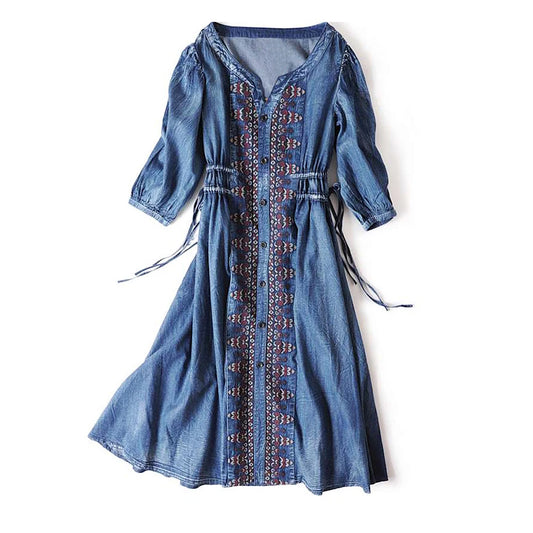 FashionSierra-Midi Denim  Women  Blue Cotton  Ethnic Embroidery  Drawstring Waist  Gypsy  Vestidos Boho Dress