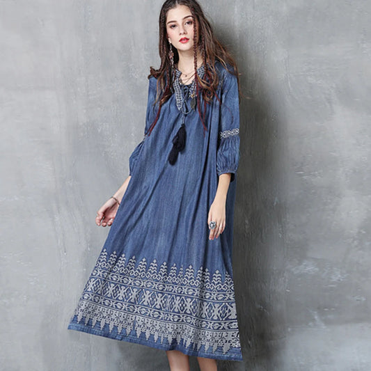 FashionSierra-Midi  Denim  Tunic  Autumn  Blue  Cotton  Ethnic  Floral Embroidery  V-neck  Gypsy Boho Dress