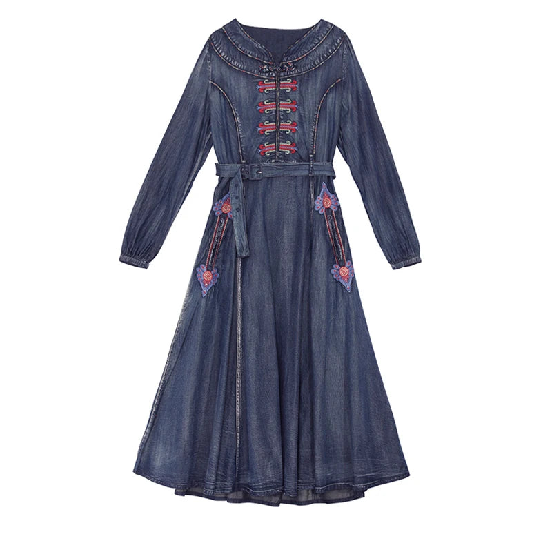 FashionSierra-Midi  Denim  Tunic  Autumn  Blue  Cotton  Ethnic  Floral Embroidery  V-neck  Gypsy Boho Dress