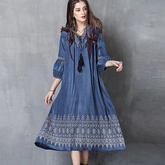 FashionSierra-Midi  Denim  Tunic  Autumn  Blue  Cotton  Ethnic  Floral Embroidery  V-neck  Gypsy Boho Dress