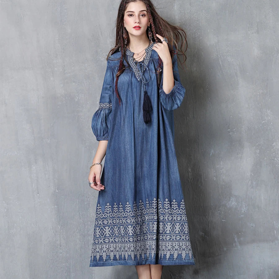 FashionSierra-Midi  Denim  Tunic  Autumn  Blue  Cotton  Ethnic  Floral Embroidery  V-neck  Gypsy Boho Dress