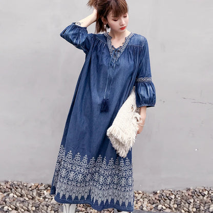 FashionSierra-Midi  Denim  Tunic  Autumn  Blue  Cotton  Ethnic  Floral Embroidery  V-neck  Gypsy Boho Dress