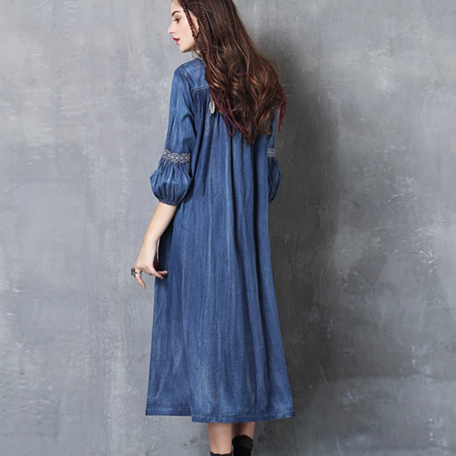 FashionSierra-Midi  Denim  Tunic  Autumn  Blue  Cotton  Ethnic  Floral Embroidery  V-neck  Gypsy Boho Dress