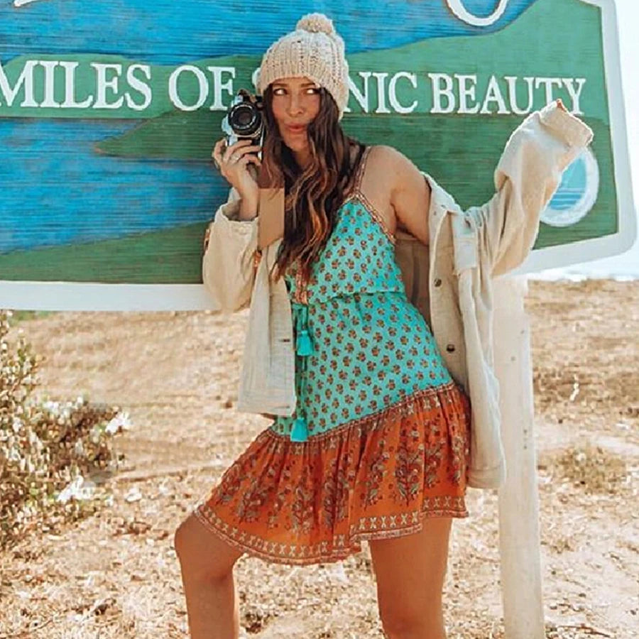 FashionSierra-Mini Strap  Women  Sexy  Sleeveless  Summer  Rayon Floral Print  Strappy  Beach  Vestidos Boho Dress