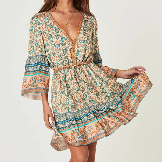 FashionSierra-Mini  Women  Rayon Floral Print  Summer  Gypsy  Flare Sleeve  Drawstring Waist  Short  Vestido  Robe Boho Dress