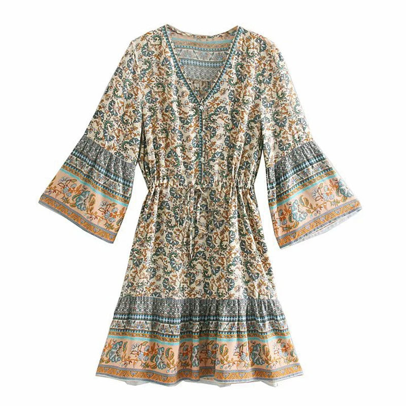 FashionSierra-Mini  Women  Rayon Floral Print  Summer  Gypsy  Flare Sleeve  Drawstring Waist  Short  Vestido  Robe Boho Dress