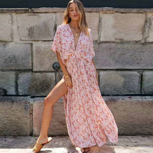 FashionSierra-Pink  Floral Maxi  Sexy  Deep V Neck  Side Split  Summer  Vintage  Casual  Beach Boho Dress
