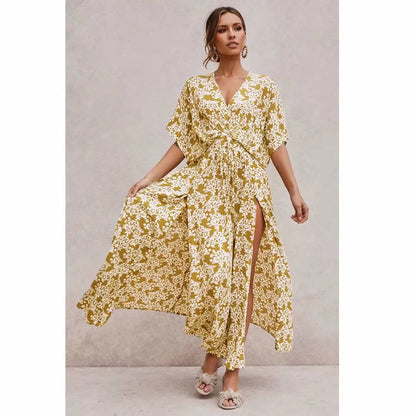 FashionSierra-Pink  Floral Maxi  Sexy  Deep V Neck  Side Split  Summer  Vintage  Casual  Beach Boho Dress