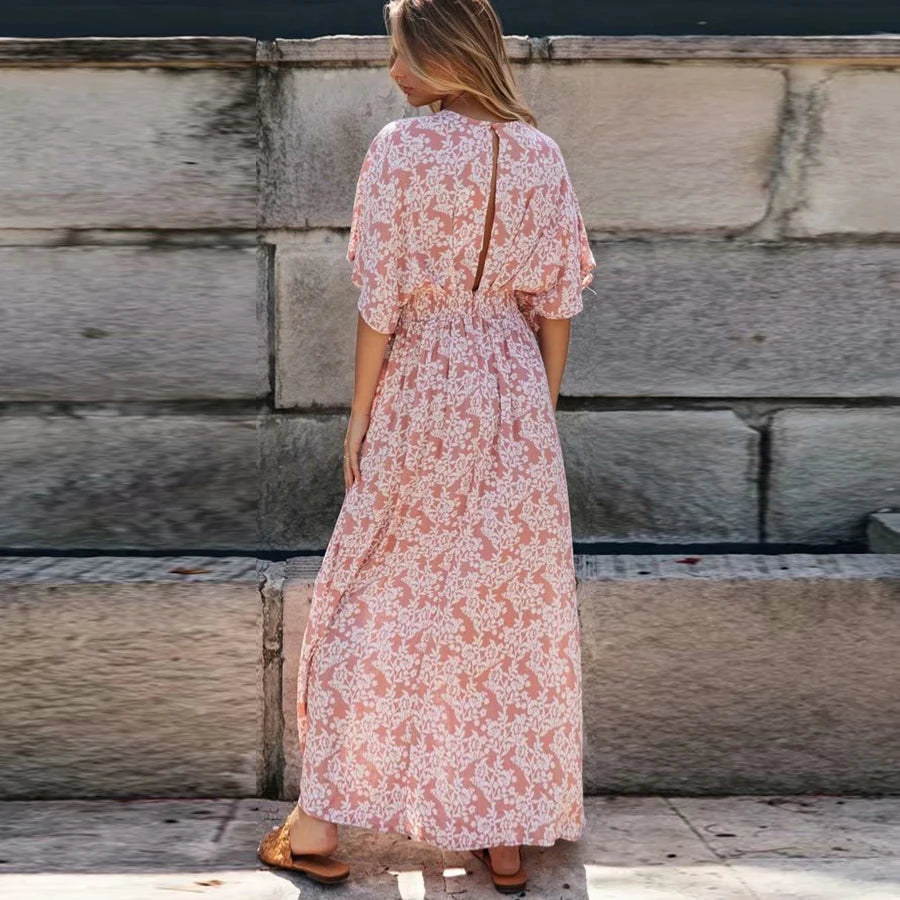 FashionSierra-Pink  Floral Maxi  Sexy  Deep V Neck  Side Split  Summer  Vintage  Casual  Beach Boho Dress