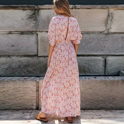 FashionSierra-Pink  Floral Maxi  Sexy  Deep V Neck  Side Split  Summer  Vintage  Casual  Beach Boho Dress