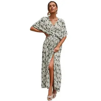 FashionSierra-Pink  Floral Maxi  Sexy  Deep V Neck  Side Split  Summer  Vintage  Casual  Beach Boho Dress