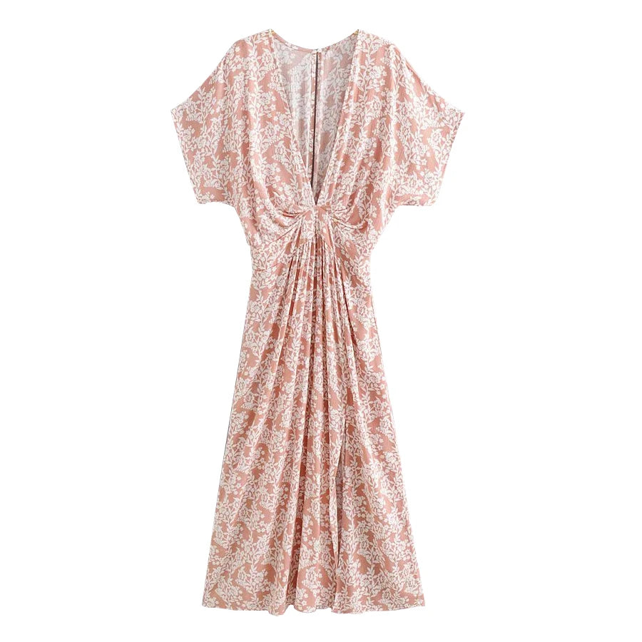 FashionSierra-Pink  Floral Maxi  Sexy  Deep V Neck  Side Split  Summer  Vintage  Casual  Beach Boho Dress