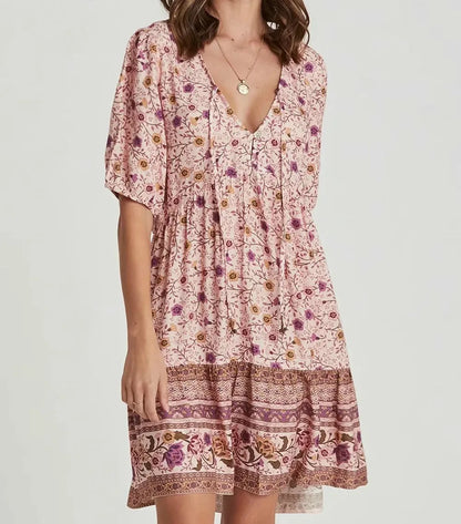 FashionSierra-Pink  Floral Print  Robe  A-line  Mini  Women 2024  Beach  V Neck  Short  Summer  Vintage  Loose  Casual Boho Dress
