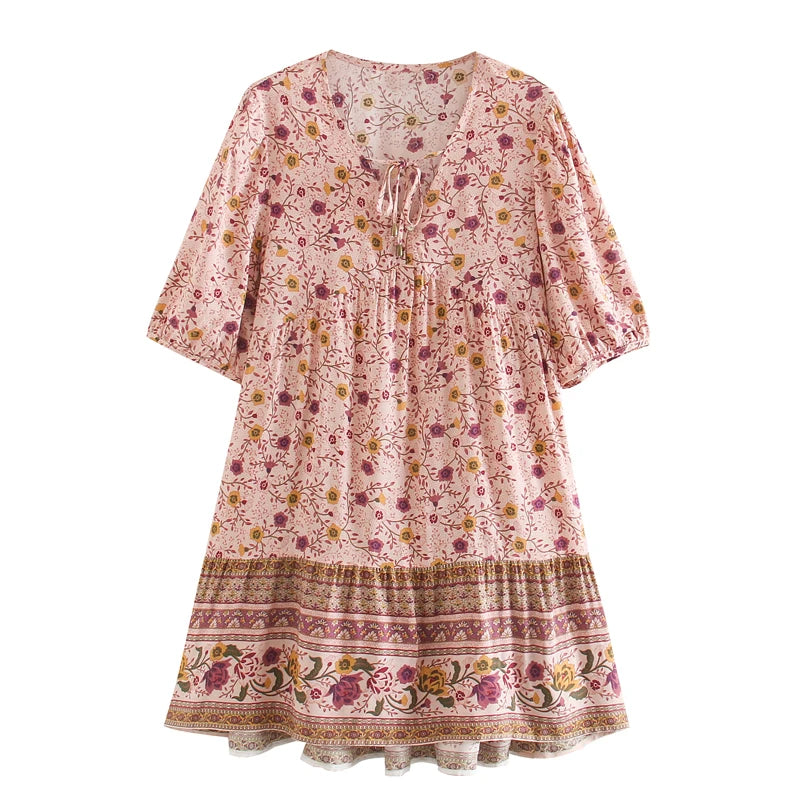 FashionSierra-Pink  Floral Print  Robe  A-line  Mini  Women 2024  Beach  V Neck  Short  Summer  Vintage  Loose  Casual Boho Dress