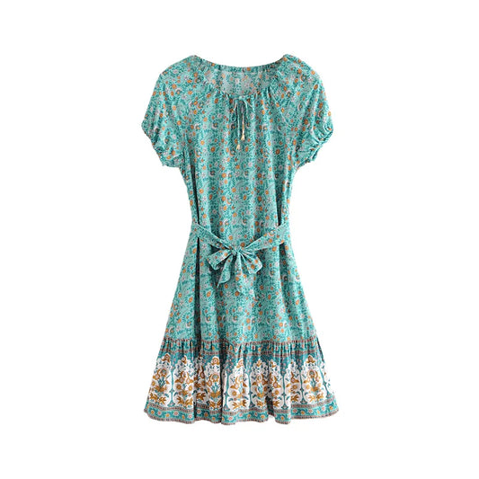 FashionSierra-Puff  Print  Short Sleeve  Mini  Vintage  Red Floral  Beach  Summer  Cotton Boho Dress