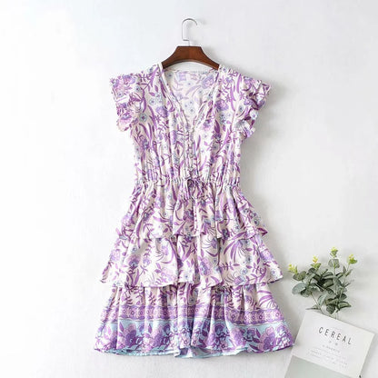 FashionSierra-Purple  Bohemian  Cotton Rayon  Floral Print  Summer  Ruffles  V-neck  Short Beach Boho Dress
