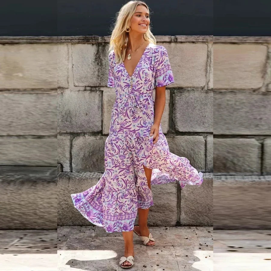 FashionSierra-Purple  Bohemian  Cotton Rayon  Floral Print  Summer  Ruffles  V-neck  Short Beach Boho Dress