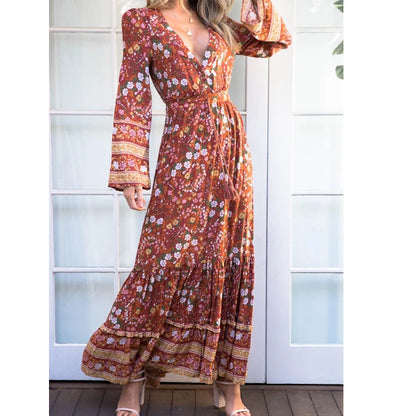 FashionSierra-Rayon Maxi  Women  Sexy  V-neck  Long Sleeve  Gypsy  Floral Print  Long  2024  Autumn  Vestidos  Boho Dress