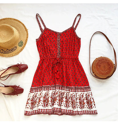 FashionSierra-Red Floral Print  Mini  Women  Cotton Rayon  Straps  Summer  Vestidos  Beach  Drawstring Waist  Casual  Boho Boho Dress