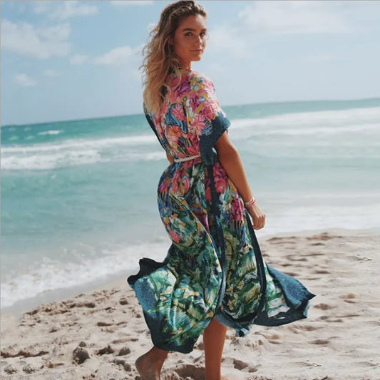 FashionSierra-Sexy Side Split  Beach Kaftan  Women  Tunic  Polyester  Floral Print  Long  Summer Boho Dress