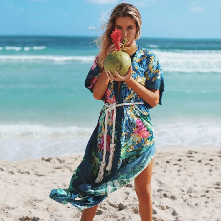 FashionSierra-Sexy Side Split  Beach Kaftan  Women  Tunic  Polyester  Floral Print  Long  Summer Boho Dress