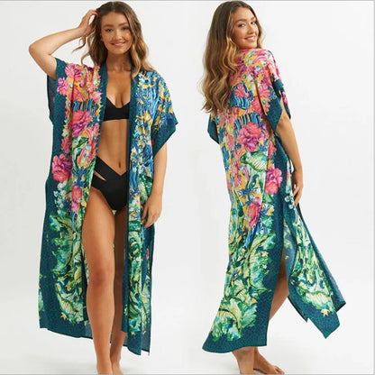 FashionSierra-Sexy Side Split  Beach Kaftan  Women  Tunic  Polyester  Floral Print  Long  Summer Boho Dress