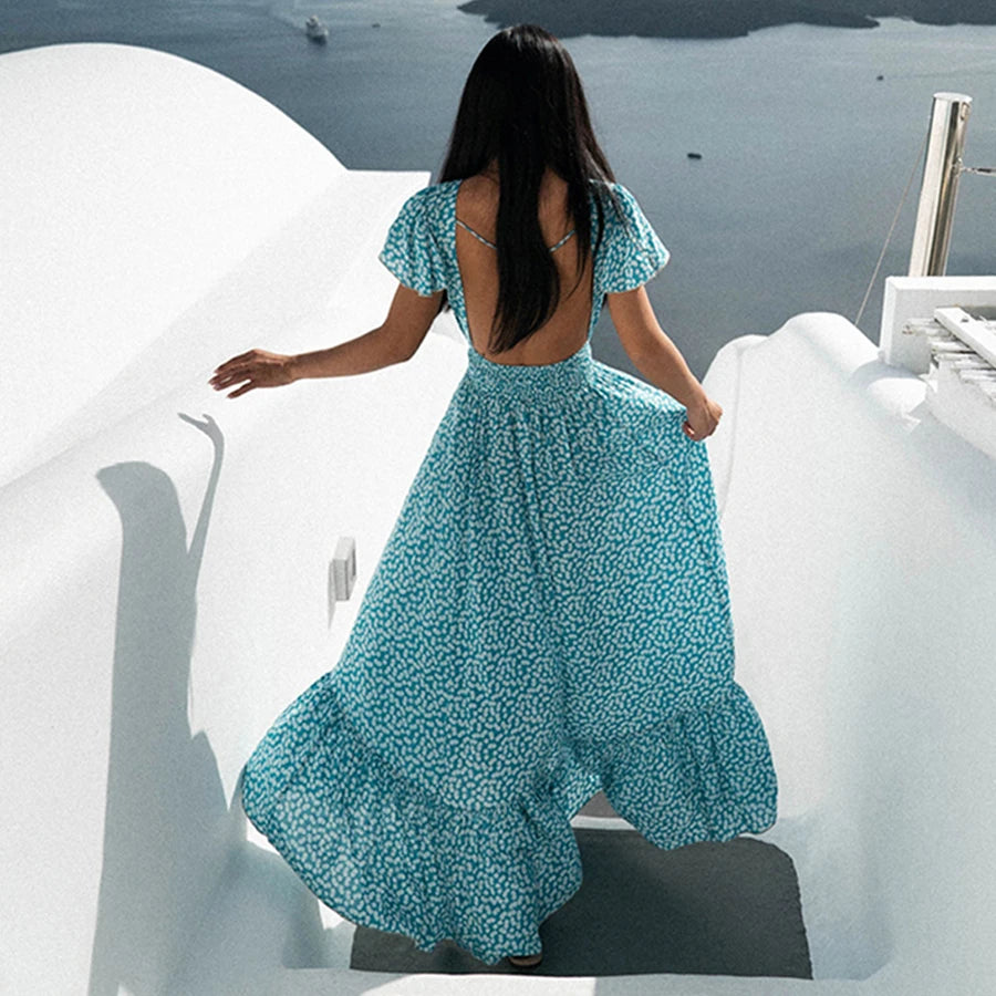 FashionSierra-Sexy  Backless  Maxi  Summer  2024  Cotton  Blue Floral Print  Beach  V Neck  Vestidos  Casual  Women  Robe Boho Dress