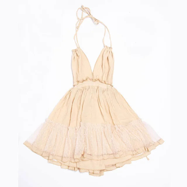 FashionSierra-Sexy  Deep V Neck  Sleeveless  Backless  Mini  Women  Summer  Beach  Lace  Vestidos  2024  Boho Dress