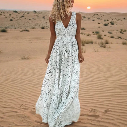 FashionSierra-Sexy  Sleeveless  Deep V Neck  Maxi  Women  Summer  Vintage  Cotton Rayon  White Polka Dot  Beach  Vestidos Boho Dress