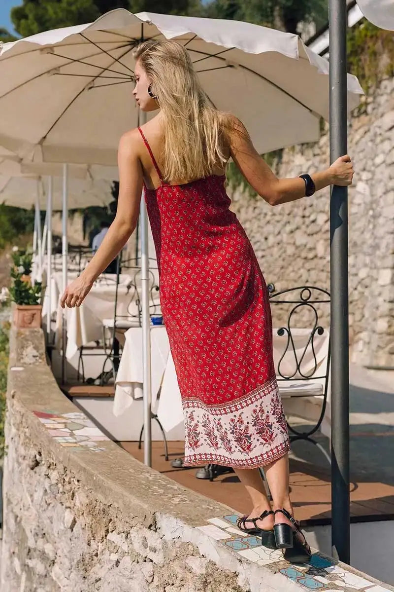 FashionSierra-Sexy Slit Sides  Long  Women 2024  Beach Wear  Summer Casual  Red Floral Print  Strap  Robe Boho Dress