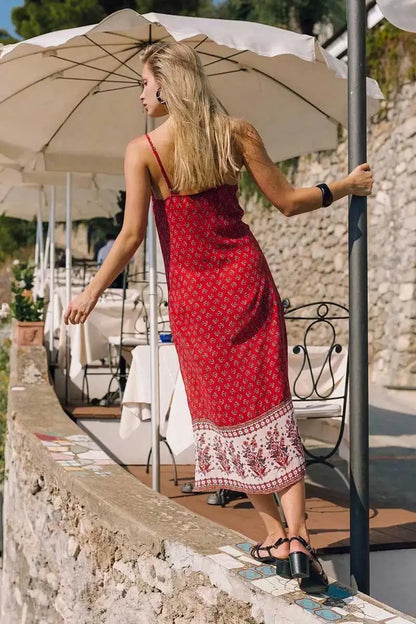FashionSierra-Sexy Slit Sides  Long  Women 2024  Beach Wear  Summer Casual  Red Floral Print  Strap  Robe Boho Dress