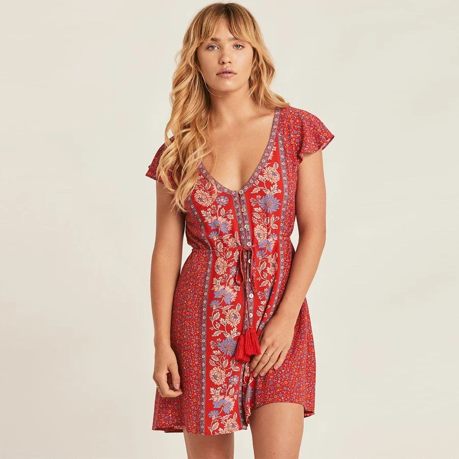 FashionSierra-Short  Red  Rayon  Floral Print  Summer  Sexy  V-neck  Drawstring Waist  Gypsy  Mini Boho Dress