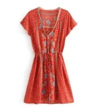 FashionSierra-Short  Red  Rayon  Floral Print  Summer  Sexy  V-neck  Drawstring Waist  Gypsy  Mini Boho Dress
