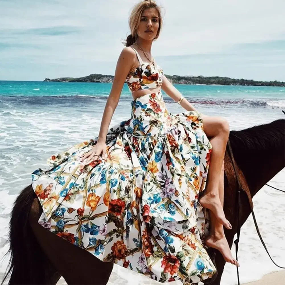 FashionSierra-Sleeveless Maxi  Women  2 Piece Set  Vintage Floral Print  Bohemian  Summer  Vestidos  Beach  Robe  2024  3XL Boho Dress