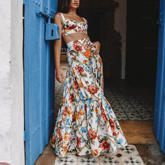 FashionSierra-Sleeveless Maxi  Women  2 Piece Set  Vintage Floral Print  Bohemian  Summer  Vestidos  Beach  Robe  2025  3XL Boho Dress