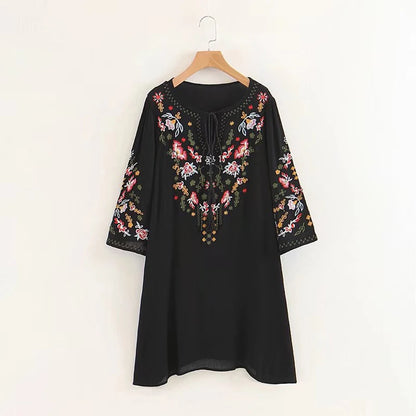 FashionSierra-Summer  Floral Embroidery  Mini  2024  Cotton Rayon  O-neck  Short Sleeve  Casual  Loose  Women Boho Dress