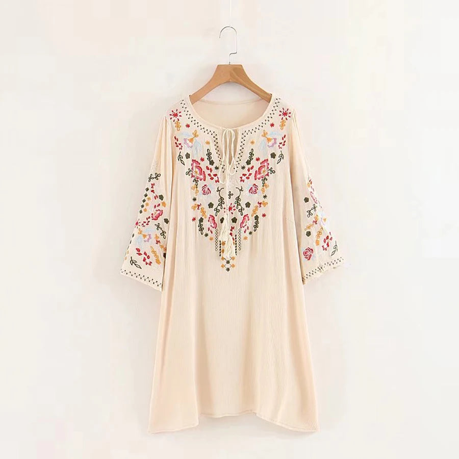 FashionSierra-Summer  Floral Embroidery  Mini  2024  Cotton Rayon  O-neck  Short Sleeve  Casual  Loose  Women Boho Dress